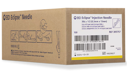 30G BD Eclipse™ Hypodermic Needle only 1/2 in. Luer lock hub 100 each/pack, 12 pack/case BD 305757