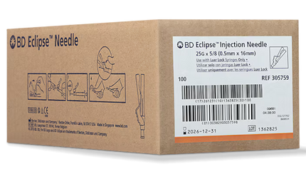 25G BD Eclipse™ Needle only 5/8 in. Luer Lock hub 100 each/pack, 12 pack/case BD 305759