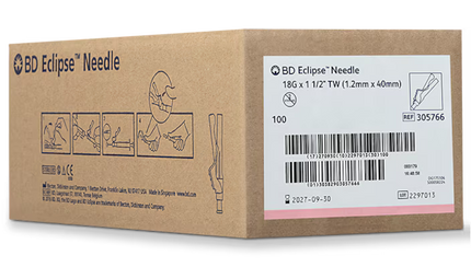 18G BD Eclipse™ 1 1/2 in. single use sterile 100 each/pack, 12 pack/case BD 305766