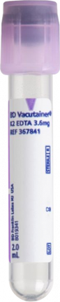 BD Tube Vacutainer Hemo+13 X 75mm 2ml Lav Plbl Plastic; 3.6mg K2EDTA 100/Box 10Box/Case 367841