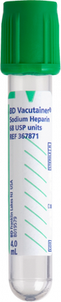 BD Tube Vacutainer Hemo+13 X 75mm 4ml Grn Plbl Plastic; 75USP unit Sodium Heparin 100/Box 10Box/Case 367871