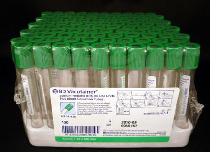 BD Tube Vacutainer Hemo+13 X 100mm 6ml Grn Plbl Plastic; 90USP unit Sodium Heparin 100/Box 10Box/Case 367878