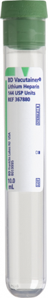 BD Vacutainer® Plus Plasma Tube, Plastic 16 X 100mm 10ml W/lit Hep Grn 100 each/box 367880