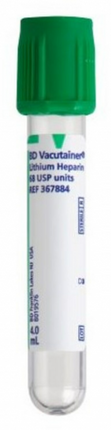 BD Tube Vacutainer Hemo+13 X 75mm 4ml Grn P42 Plastic; 75USP unit Lithium Heparin 100/Box 10Box/Case 367884