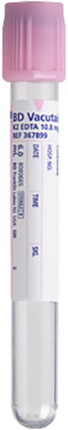 BD Tube Vacutainer Hemo+13 X 100mm 6ml Pink Plastic; 10.8mg K2EDTA P30 100/Box 10Box/Case 367899