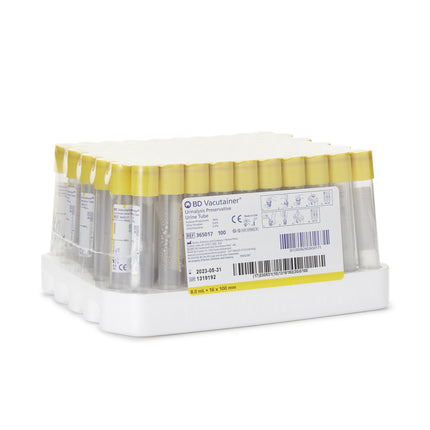 BD Vacutainer® Plus urinalysis tubes, 8mL, L100mm, OD 16mm, 100 each/box, 10 box/case, 365017