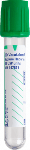 BD Tube Vacutainer Hemo+13 X 75mm 4ml Grn Plbl Plastic; 75USP unit Sodium Heparin 100/Box 10Box/Case 367871