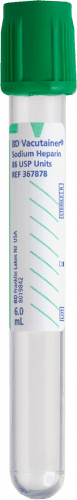 BD Tube Vacutainer Hemo+13 X 100mm 6ml Grn Plbl Plastic; 90USP unit Sodium Heparin 100/Box 10Box/Case 367878