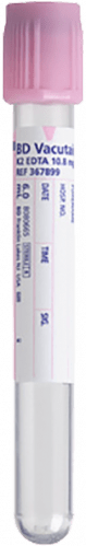 BD Tube Vacutainer Hemo+13 X 100mm 6ml Pink Plastic; 10.8mg K2EDTA P30 100/Box 10Box/Case 367899