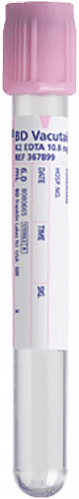 BD Tube Vacutainer Hemo+13 X 100mm 6ml Pink Plastic; 10.8mg K2EDTA P30 100/Box 10Box/Case 367899