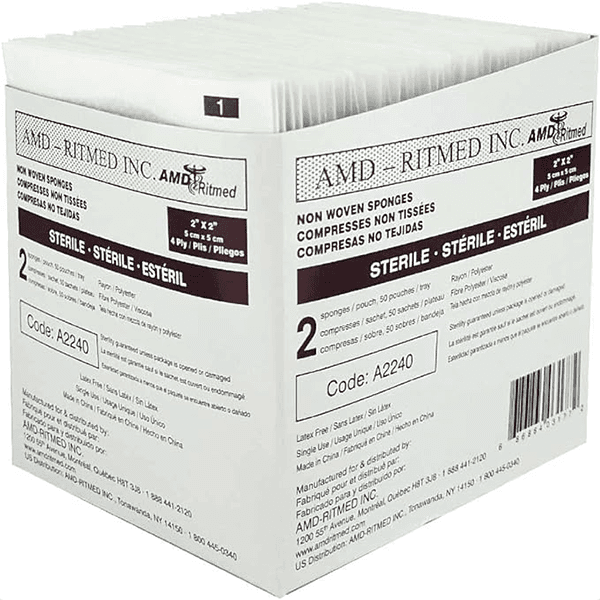 Medicom Nonwoven Gauze Sponge, Sterile, 2s, 4 - Ply, 2" x 2", 2 each/pack, 50 pack/tray, A2240 - A Medi Supplies