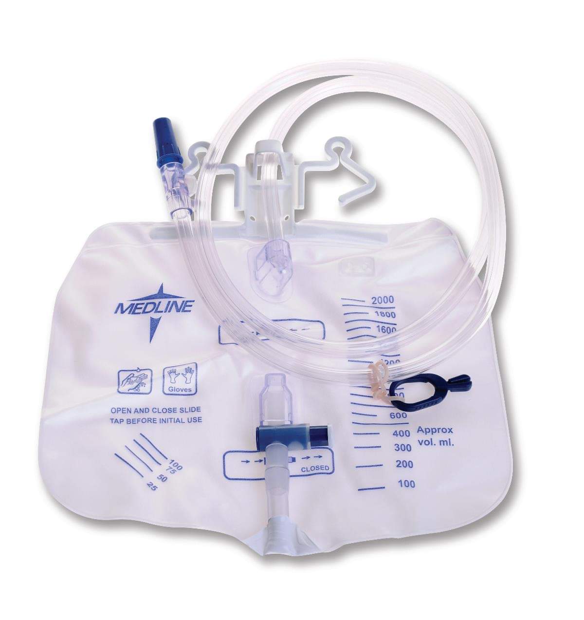 Medline Urine Drainage Bag with Anti - Reflux Valve, Anti - Reflux Tower and Metal - Free Slide - Tap Drainage Port, 2,000 mL, 20/Bag, DYND15205 - A Medi Supplies