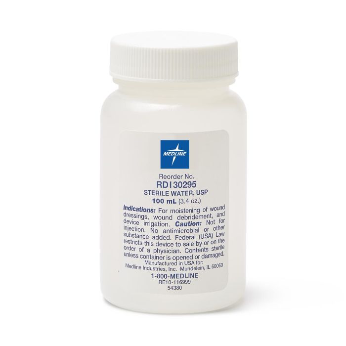 Medline Sterile Water Solution for Irrigation with Screw Top, 100 mL, 48/case, RDI30295 - A Medi Supplies