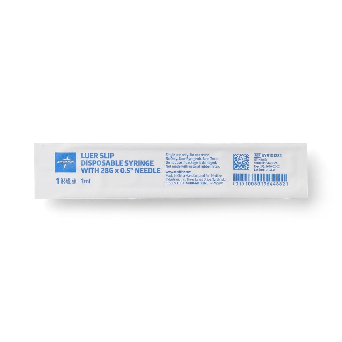 Medline Syringe with Standard Hypodermic Needle, 1 cc (mL), 28 G x 1/2" (1.27 cm), Insulin, 800/CS, SYR101282 - A Medi Supplies