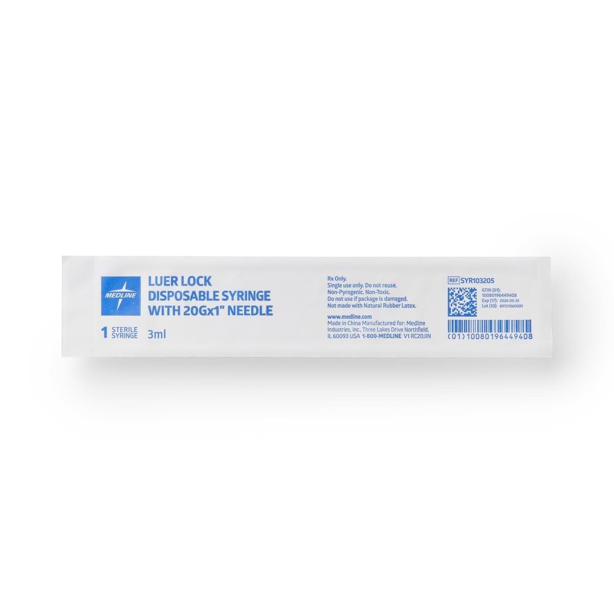 Medline Syringe with Standard Hypodermic Needle, 3 cc (mL), 20G x 1" (2.54 cm), 800/CS, SYR103205 - A Medi Supplies