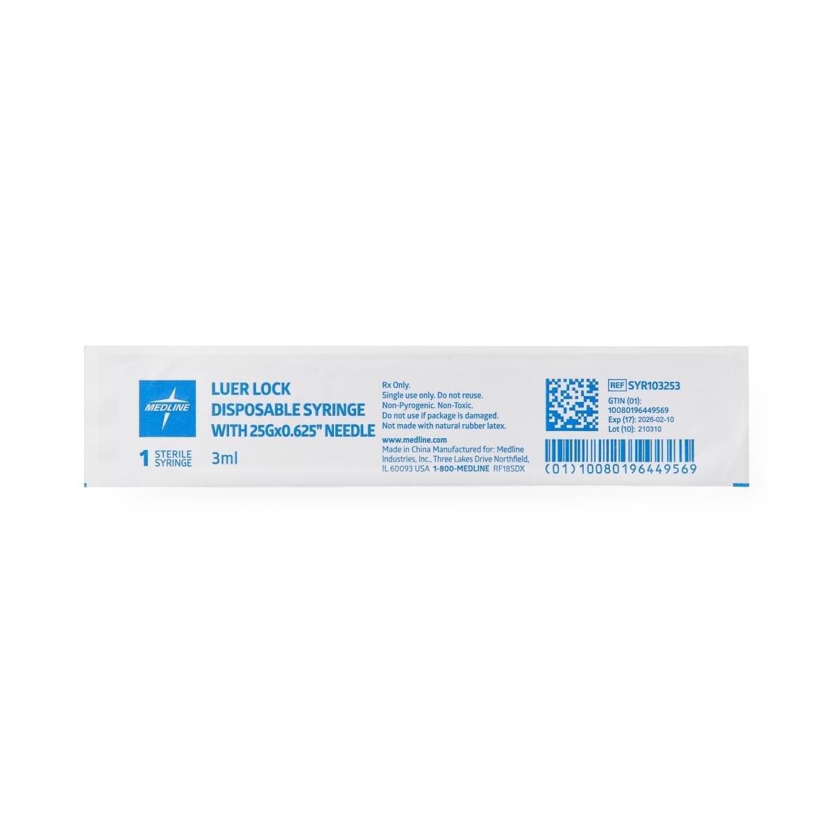 Medline Syringe with Standard Hypodermic Needle, 3 cc (mL), 25G x 5/8" (1.59 cm), 800/Case, SYR103253 - A Medi Supplies