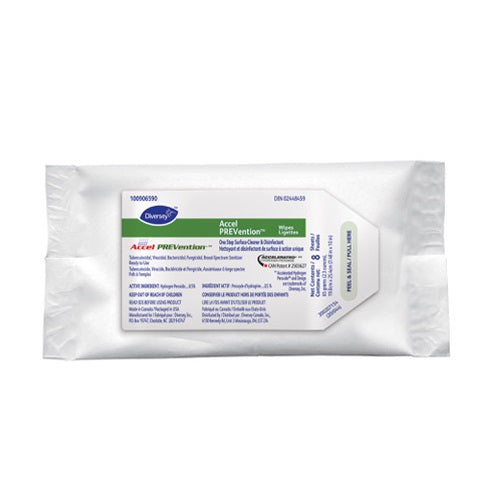 Diversey Care Accel® PREVention™ Disinfectant, Wipe, W7.5" x L10" Soft Pack, 8 each/pack, 20 pack/box, 100906590