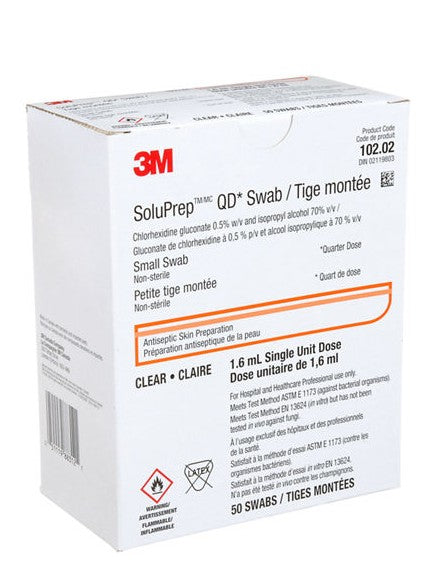 3M (Solventum) 3M™ SoluPrep™ QD* Small Swab, Clear, 0.5% w/v CHG/70% v/v IPA, 50 each/box, S10202 / 102.02