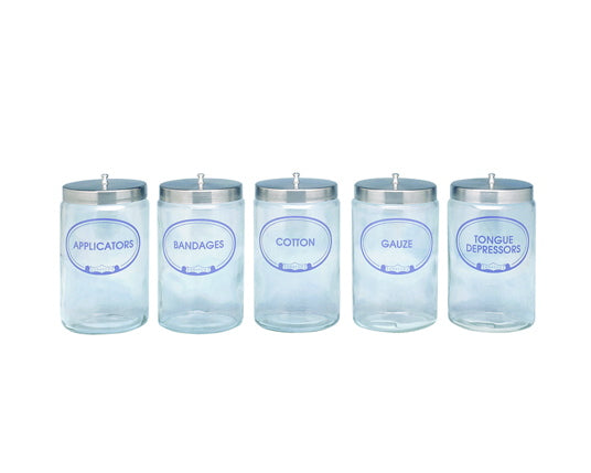 Glass Jar with Stainless-Steel Cover, 4.25" x 7" (10.8 cm x 17.8 cm), Labelled, 5/set, 189-4010
