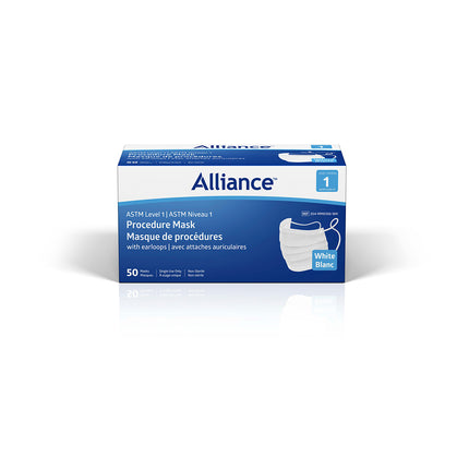Alliance Level-1 Face Mask with Ear Loops, White, 50/BX, 10 bx/case, MM0100-WH