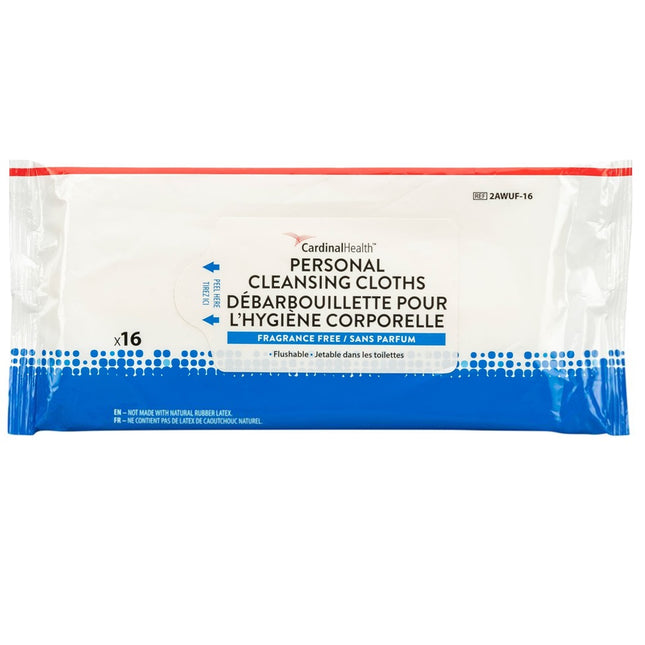 Cardinal Health Personal Cleansing Cloths, Flushable, Fragrance Free, 44 each/pack, 12 pack/case, 2AWUF-42