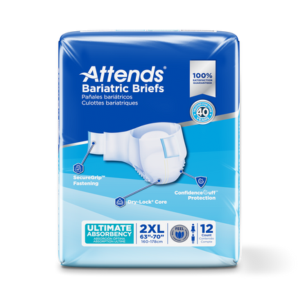 Attends Bariatric Briefs, 2X-LARGE Waist Size up to 70", 4 bags of 12, DD50