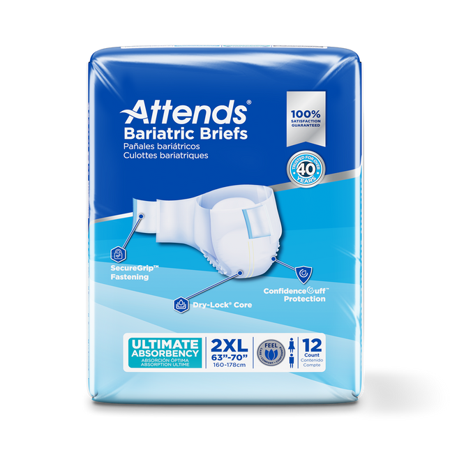 Attends Bariatric Briefs, 2X-LARGE Waist Size up to 70", 4 bags of 12, DD50