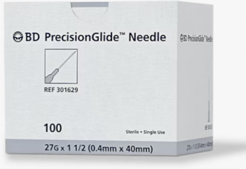 BD PrecisionGlide™ Needle, Regular Bevel, 27G x 1 .5", 100 each/box, 301629