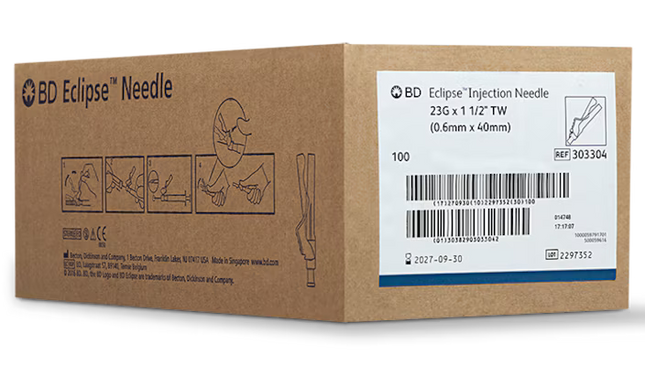 BD Needle Eclipse 23 G x 1 1/2 in. Thin Wall 100 each/box, 12 box/case BD 303304