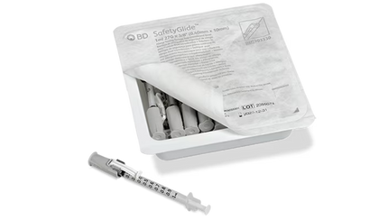 BD 1 mL SafetyGlide™ Allergy Syringe Tray 27 G x 3/8 in. with Needle 25 each/tray 303330