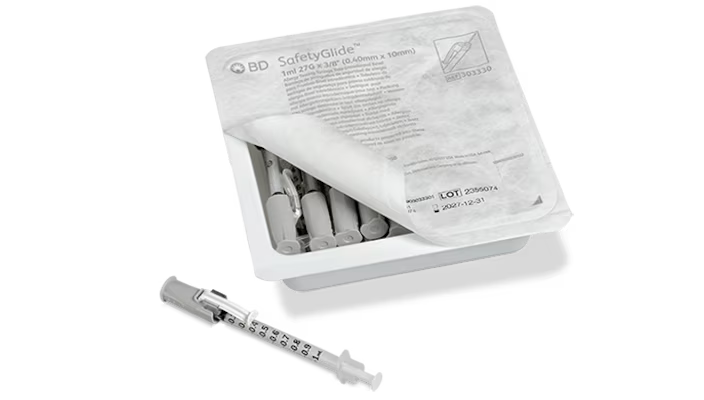 BD 1 mL SafetyGlide™ Allergy Syringe Tray 27G x 3/8 in. with Needle 25 each/tray 303330