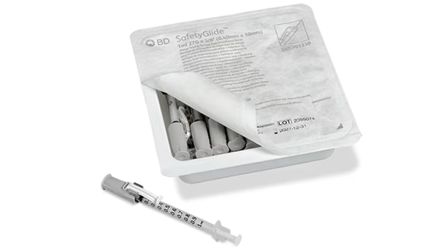 BD 1 mL SafetyGlide™ Allergy Syringe Tray 27 G x 3/8 in. with Needle 25 each/tray 303330