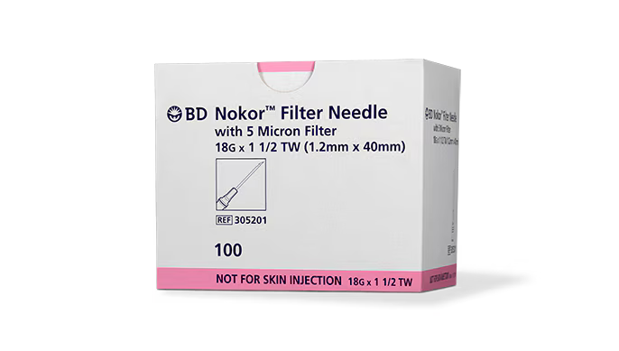 BD Nokor™ 5 Micron Filter Needle 18 G x 1 1/2 in. sterile, single use, 18 G 100 each/box, 10 box/case BD 305201