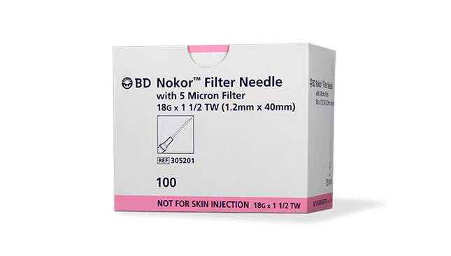 BD Nokor™ 5 Micron Filter Needle 18 G x 1 1/2 in. sterile, single use, 18 G 100 each/box, 10 box/case BD 305201