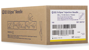 compare product 30G BD Eclipse™ Hypodermic Needle 1/2 in. Luer lock hub 100 each/pack, 12 pack/case BD 305757