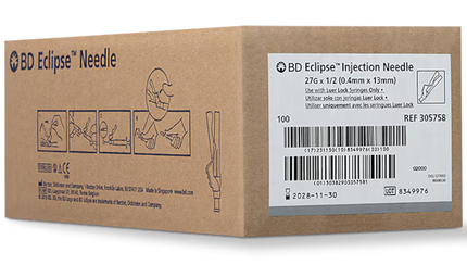 27G BD Eclipse™ Needle only 1/2 in. Luer lock hub 100 each/pack, 12 pack/case BD 305758