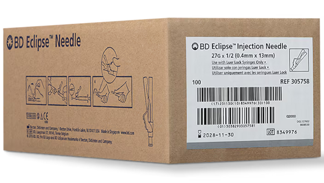 27G BD Eclipse™ Needle only 1/2 in. Luer lock hub 100 each/pack, 12 pack/case BD 305758
