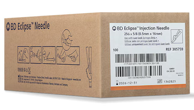25G BD Eclipse™ Needle only 5/8 in. Luer Lock hub 100 each/pack, 12 pack/case BD 305759