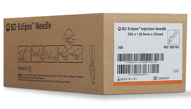 25G BD Eclipse™ 1 in. single use sterile 100 each/pack, 12 pack/case 305761