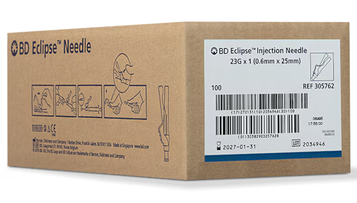  23G BD Eclipse™ 1 in. single use sterile 100 each/pack, 12 pack/case BD 305762