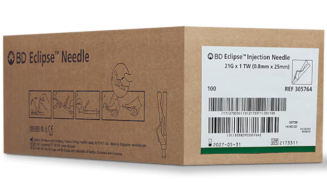 21G BD Eclipse™ 1 in. single use sterile 100 each/pack, 12 pack/case BD 305764