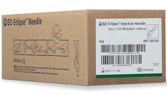 21G BD Eclipse™ 1 1/2 in. single use sterile 100 each/pack, 12 pack/case BD 305765