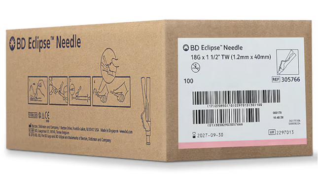 18G BD Eclipse™ 1 1/2 in. single use sterile 100 each/pack, 12 pack/case BD 305766
