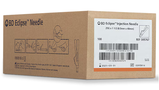 25G BD Eclipse™ 1 1/2 in. single use sterile 100 each/pack, 12 pack/case BD 305767