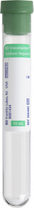 BD Tube Vacutainer Glass; 143USP Units Sodium Heparin 16 X 100mm 10ml Grn 100/Box 10Box/Case 366480