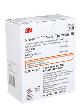 compare product 3M (Solventum) 3M™ SoluPrep™ QD* Small Swab, Clear, 0.5% w/v CHG/70% v/v IPA, 50 each/box, S10202 / 102.02