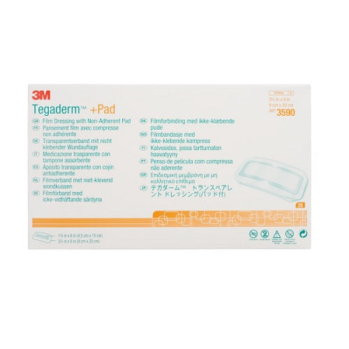 3M (Solventum) Tegaderm + Pad Film Dressing with Non-Adherent Pad , 9cm x 20cm  25 each/box, 4 box/case  3590