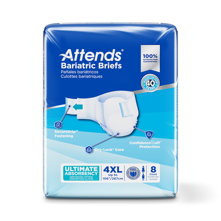 Attends Bariatric Briefs, 4X-LARGE - Waist Size up to 106", 4 bags of 8, DD60