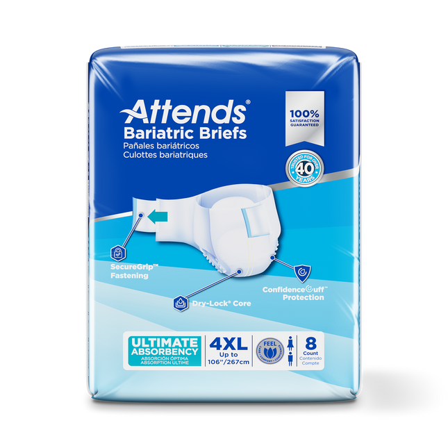 Attends Bariatric Briefs, 4X-LARGE - Waist Size up to 106", 4 bags of 8, DD60