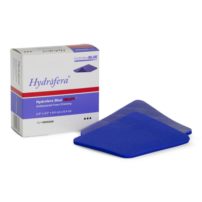 Hydrofera Blue® Ready Antimicrobial Foam Dressing with Border, 2.5" x 2.5" (6.4 cm x 6.4 cm) Box/10 Each 596-HBRS2520
